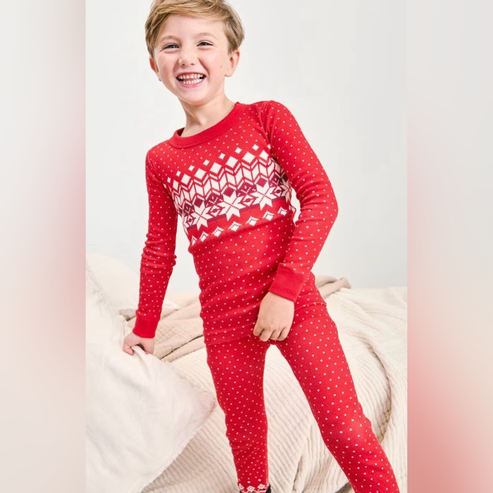 Hanna Andersson Ribbon Red Fair Isle Snowflake Print Long Johns Pajama Set SZ 14